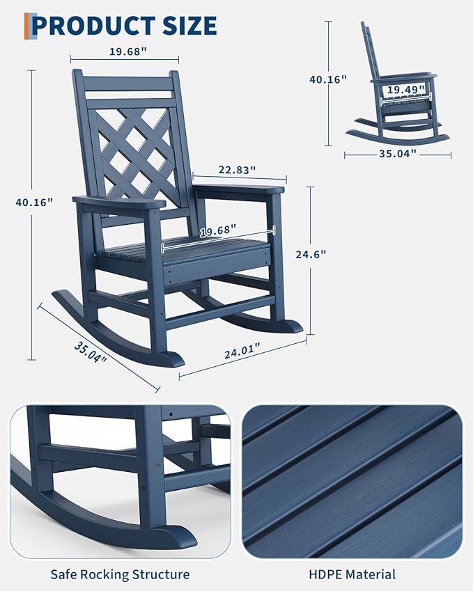 GarveeLife Outdoor Rocking Chair, HDPE Weather Resistant Patio Rocking Chair Porch Rocker with Wood Texture & 380 LBS Support for Deck, Pool, Backyard, Navy Blue
