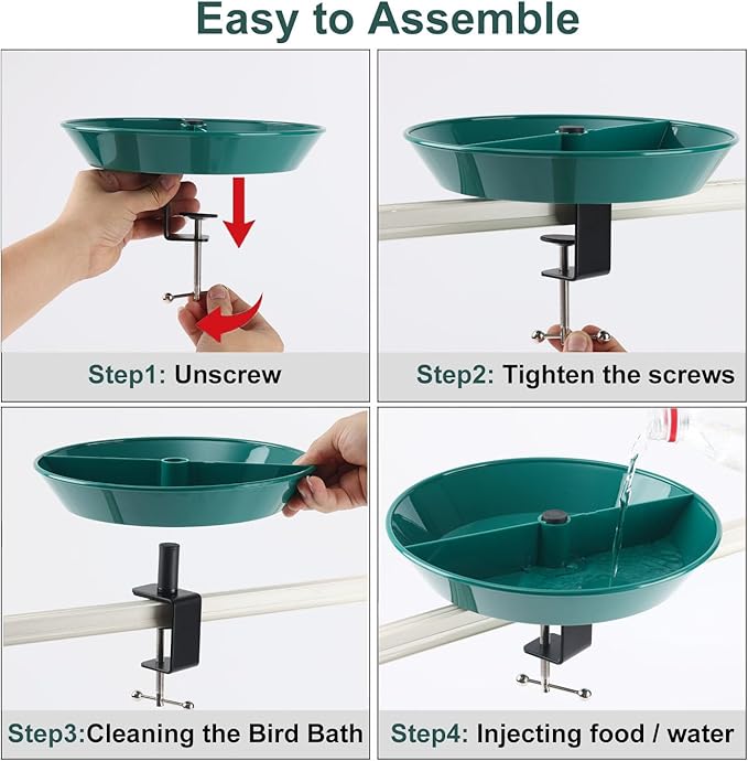 Deck Bird Bath for Outdoors,12" Bird Baths with Adjustable Sturdy Metal Clamp for Deck Railing Balcony Yard Garden Decoration,Lightweight, Detachable