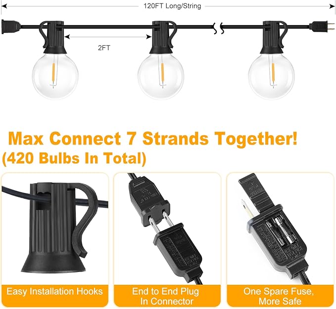 Bosceos 120FT Outdoor G40 LED Globe String Lights Dimmable Waterproof Shatterproof Light Strings with 60 Bulbs Connectable Commercial Hanging Lights for Christmas Patio House Backyard Balcony Party