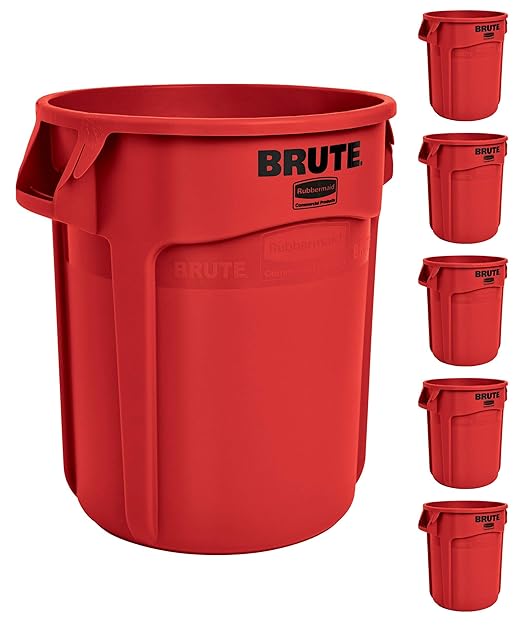 Rubbermaid Commercial Products BRUTE Heavy-Duty Round Trash/Garbage Can, 20-Gallon, Red, Outdoor Waste Container for Landscapers/Construction/Restaurants/Back of House/Offices/Warehouses, Pack of 6