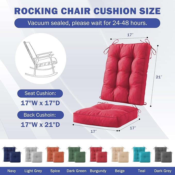 Rocking Chair Cushion, Waterproof and Fade-Resistant Patio Chair Cushions, Tufted Chair Pads for Rocker Furniture, 17x17 Inch, Indoor/Outdoor Seat Cushions with Ties, Burgundy (Pack of 2)