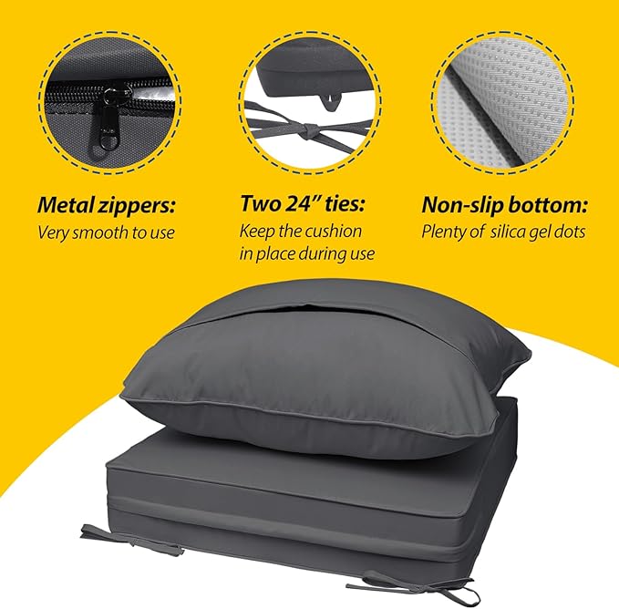 AAAAAcessories Outdoor Seat Cushions for Chairs, Fade-Resistant, Waterproof Patio Furniture Replacement Cushions, 23.5" x 25.5" x 5" + 23.5" x 19", Dark Gray
