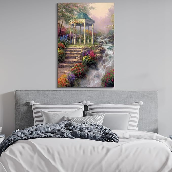 STUDIO HAVEN Thomas Kinkade Canvas Wall Art, Ornate Garden Pavilion Cascading Stream Colorful Wildflowers Oil Painting Poster Tranquil Nature Wall Decor, Framed Prints for Home Decor, 24x36Inch