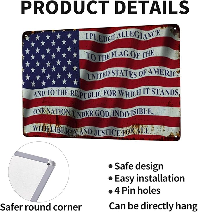 USA American Flag Vintage Metal Tin Sign Retro Rustproof Funny Art Wall Decor Gift Man Cave Bar US Pledge of Allegiance 8x12 Inch