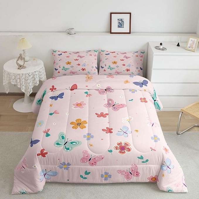 Erosebridal Kawaii Butterfly Queen Bedding Set,Cute Pink Floral Comforter Set for Girls Kids,Coquette Flower Garden Comforter,Pink Girly Princess Bedroom Room Decor,2 Pillowcases Lightweight