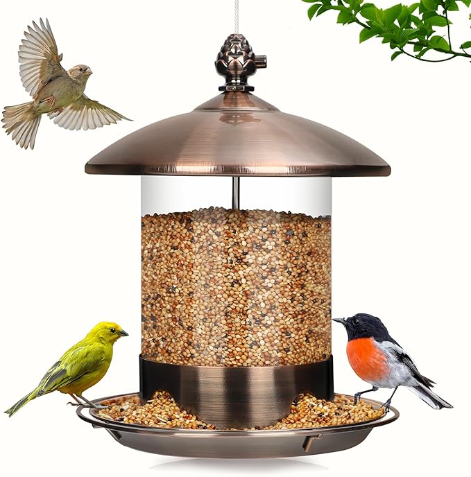 Metal Bird Feeders for Outdoors Hanging, Weather Resistant Wild Bird Feeder with 360 Degree Feeding Tray, Copper