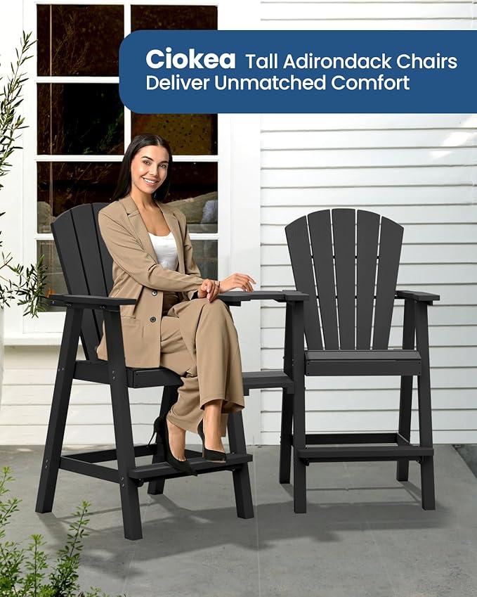 Ciokea Tall Adirondack Chairs Set of 4, HDPE Outdoor Adirondack Bar Stools with Double Connecting Tray, Weather Resistant High Back Adirondack Balcony Chairs for Deck, Lawn, Pool, Backyard, Black