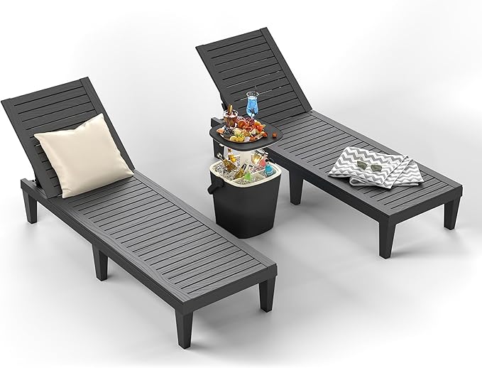 ROJIK Outdoor Chaise Lounge Chair Set of 2,with 5-Position Adjustable Backrest,Waterproof & Lightweight | Durable Indoor/Outdoor Patio Lounger Chair for Garden Pool Beach,Black