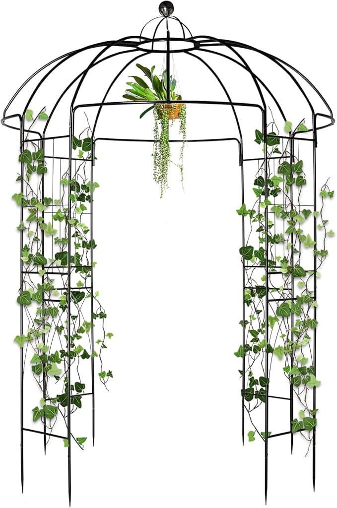 Garden Arbor, 9FT Metal Garden Arch for Climbing Plants Outdoor, Black Gazebo Archway for Lawn, Patio and Backyard, Wedding Arches for Ceremony, Includes Ground Stakes