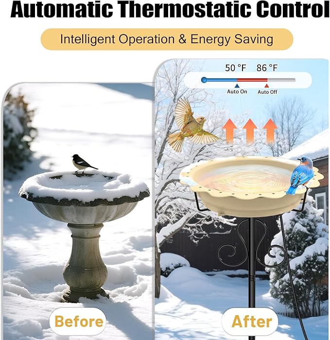 Heated Bird Baths for Outdoors, 100W Heated Birdbath Bowl for Outdoors for Winter with 5-Prong Metal Base Thermostat Control, Heated Bird Bath for Outside Winter Garden Patio Yard Lawn (Yellow)