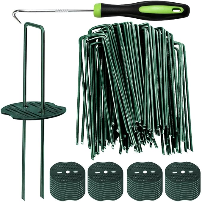 Bakulyor 50pcs Green Artificial Turf Stakes Staples + 50pcs Buffer Washer, 6 Inch 11 Gauge Landscape Staples, Galvanized Lawn Spikes, Heavy Duty Yard Ground Pin for Grass Weed Barrier Sod Fabric