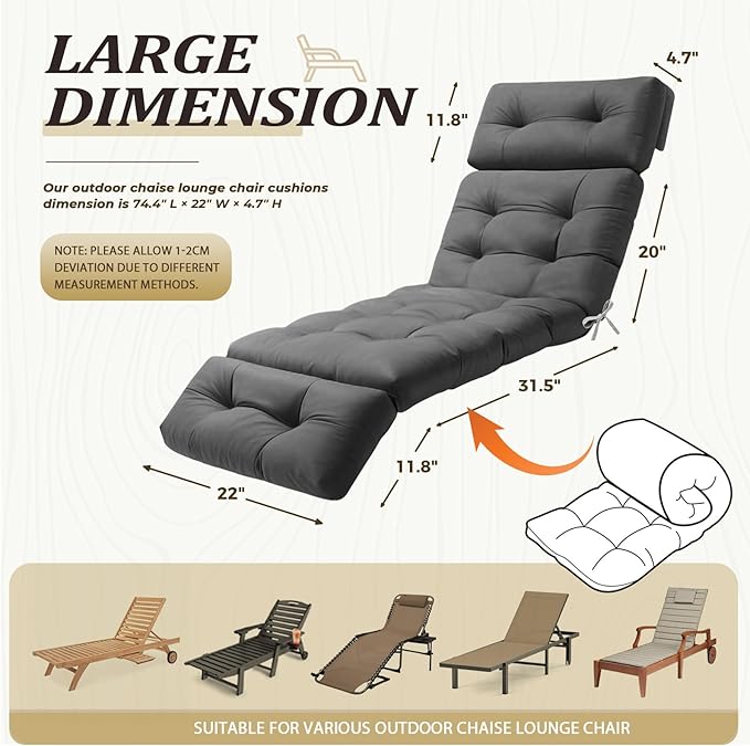 Outdoor Lounge Chair Cushions Waterproof Long Lounger Chair Cushion Chaise Chair Cushion with Ties, Patio Recliner Thickened Lounge Cushions for Indoor 74.4 x 22 x 4.7 Inches, Cushion Only(Grey)