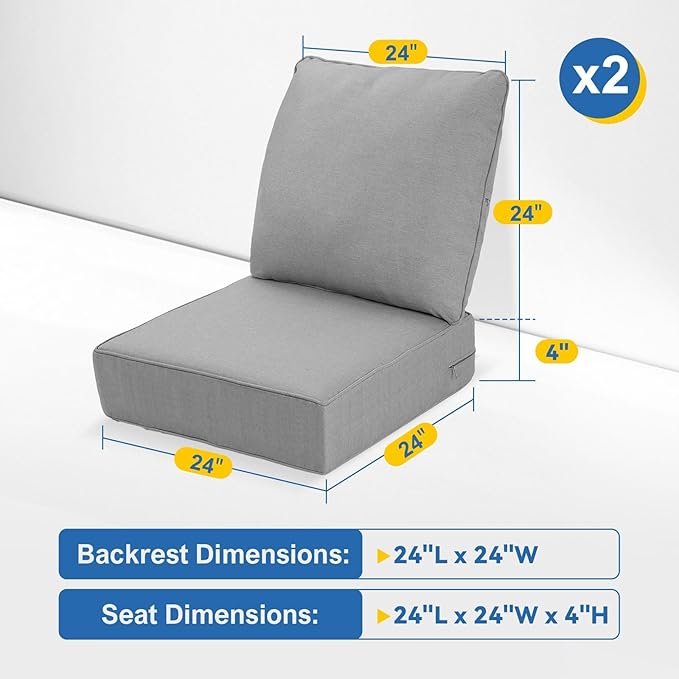 Outdoor Deep Seat Cushions Set of 2 for Patio Furniture, Waterproof & Fade Resistant Replacement Cushions with Removable Covers, 24 x 24 Inch, Light Gray
