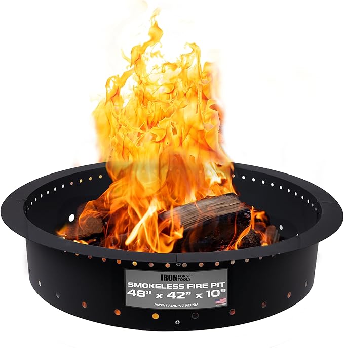 Iron Forge Tools Fire Pit Ring 48 Inch Outer/42 Inch Inner - Outdoor Heavy Duty Metal Round Smokeless Fire Ring Insert Liner - Utility Patent Pending (48x42x10)