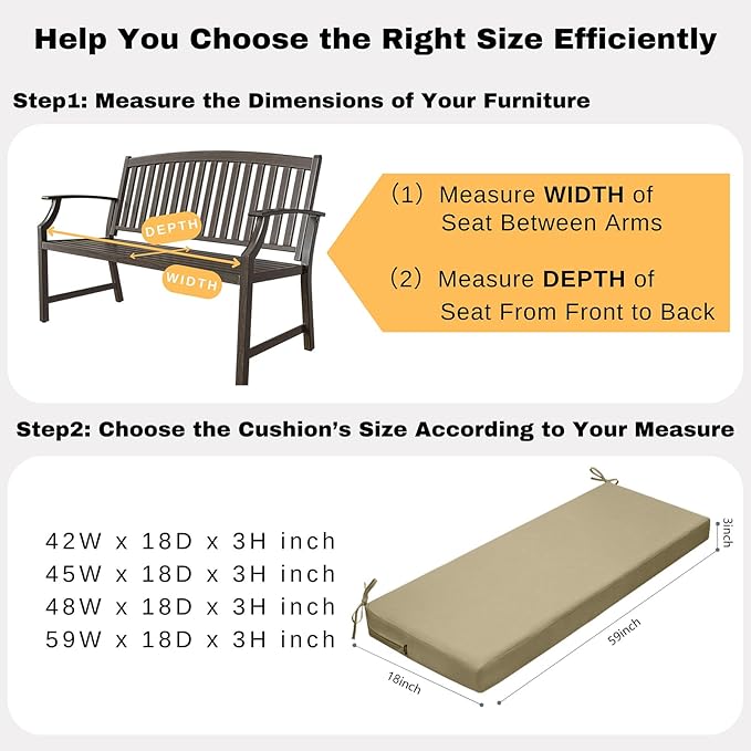 idee-home Outdoor Bench Cushion Waterproof, Bench Cushions for Outdoor Furniture, Patio Porch Swing Replacement Seat Pad with Ties for Garden Backyard, 59 x 18 Inch