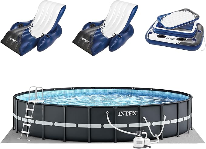Intex 26339EH Ultra XTR 24ft x 52in Above Ground Swimming Pool Set with Sand Filter Pump, Inflatable Lounge Pool Recliners (2-Pack) and Inflatable Beverage Cooler