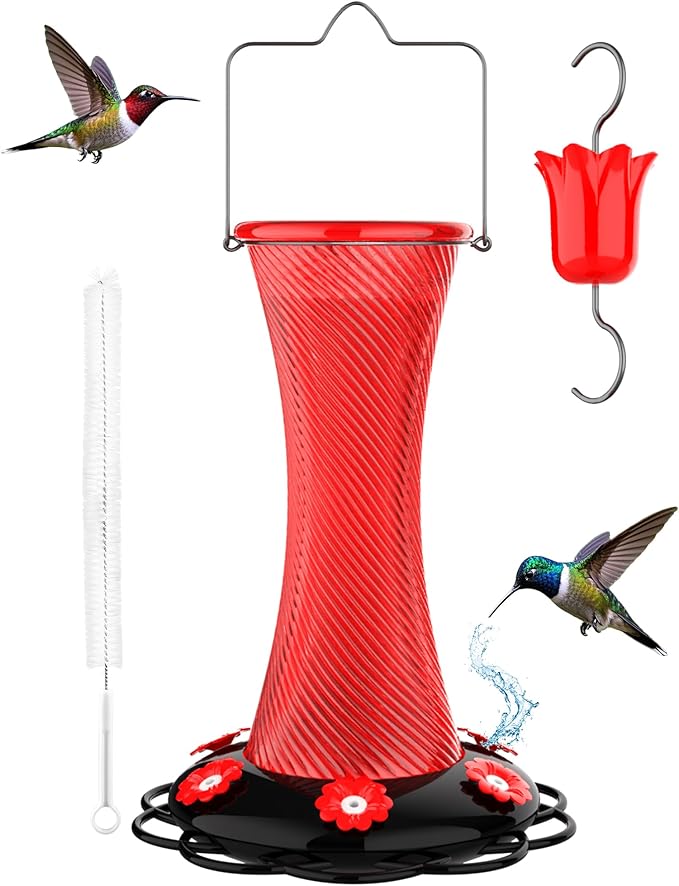Hanging 20oz Glass Hummingbird Feeder with Moat, Small Outdoor Plastic Bird Feeder, Squirrel Proof, Ants, Outside Water Dispenser for Garden (Red Glass Bird Feeder-2)