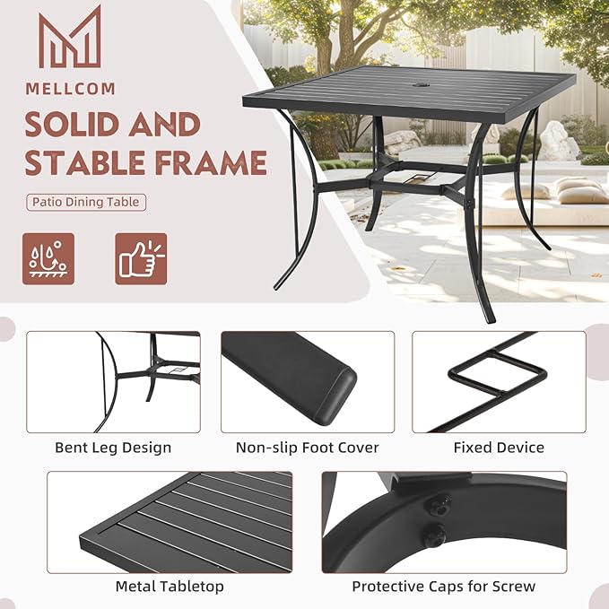 MELLCOM 5 Pcs Outdoor Dining Set, 4 Swivel Rocker Chairs with Thick Cushions & Square Dining Table with Umbrella Hole, Patio Furniture Set for Porch, Garden, Backyard, Poolside, Deck, Red