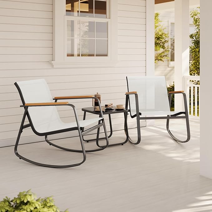 Aiho 3-Piece Patio Furniture Set, Outdoor Furniture with Textilene Fabric Rocker Chairs with Coffee Table, Patio Bistro Sets for Garden, Balcony, Poolside(White)
