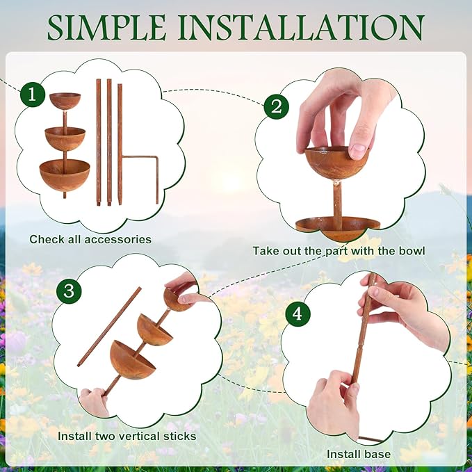 LemonRoad 2 Pack Bee Watering Station 3 Tiered Bowl Shaped Butterfly Water Feeder Small Insects Bathing Stand Rusty Metal Water Catcher Garden Stakes for Outdoor Garden Decor