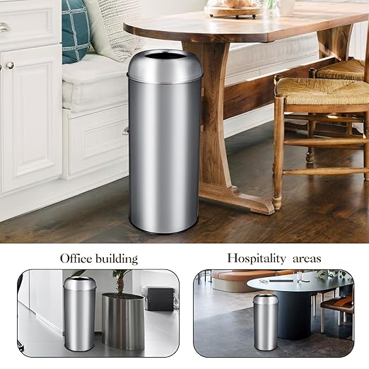 65L/17 Gallon Tall Commercial Trash Can, Large Capacity Outdoor Trash Can with Lid, Round Stainless Steel Open Top Waste Bin, Metal Garbage Bin for Home, Office, Restaurant, Restroom