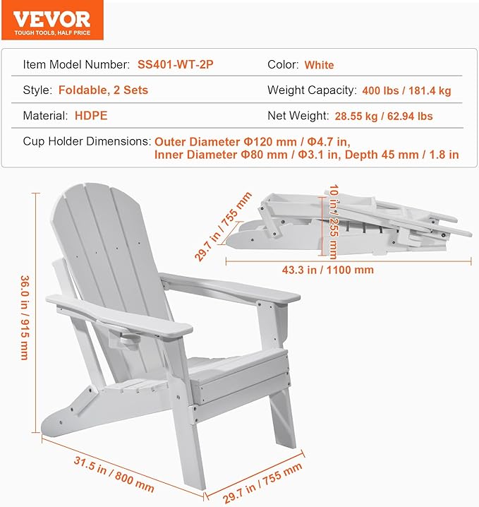 VEVOR Folding Adirondack Chairs Set of 2 with Cup Holder, All-Weather Portable Plastic Fire Pit Chair, Outdoor Adirondack Patio Chair, with Relaxing Arm Rest Ergonomic, for Garden, Backyard, White