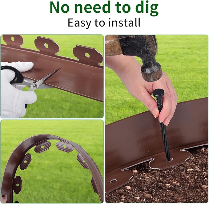 4 in x 50 Ft Garden Landscape Edging, No Dig Garden Edging Border Kit with 92 Pcs Spikes for Flower Bed Lawn Yard Grass Brown
