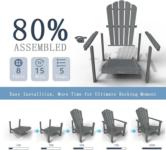 Stackable Adirondack Chair Set of 4, HDPE All-Weather Adirondack Chairs - Durable and Space Saving, Plastic Outdoor Fire Pit Chairs with Cup Holder,Grey