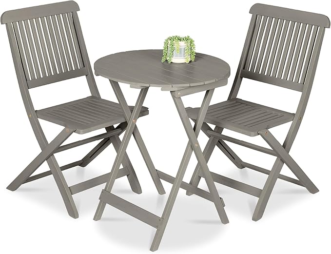 Best Choice Products 3-Piece Acacia Wood Bistro Set, Folding Patio Furniture for Backyard, Balcony, Deck w/ 2 Chairs, Round Coffee Table, Teak Finish - Gray