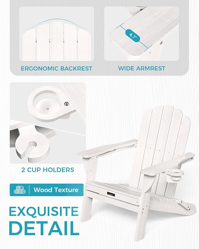 Adirondack Chairs Set of 4, HDPE Material Fire Pit Chairs, Plastic Adirondack Chairs with 2 Cup Holder, Outdoor Lawn Chair for Patio Garden, White