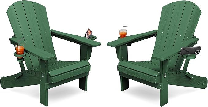 KINGYES Folding Adirondack Chair Set of 2, Dual Cup Holders & All-Weather HDPE, Wood-Like Patio Chair for Backyard, Camping, Pool & Fire Pit, Dark Green