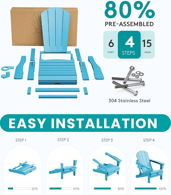 SERWALL Folding Adirondack Chair Weather Resistant Patio Chair Outdoor Chairs Set of 8 Painted Adirondack Chairs - Light Blue
