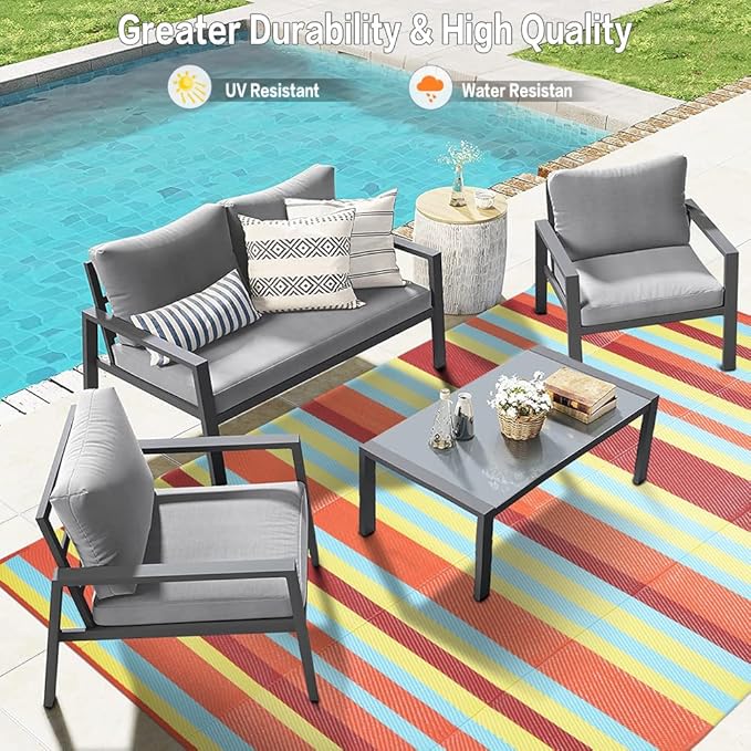 HUGEAR Outdoor Waterproof Rug 5'x8' Plastic Straw Rugs Washable Reversible Floor Mat Rainbow Stripe Carpet for Camping RV Deck Entryance Porch Picnic Balcony Beach Backyard