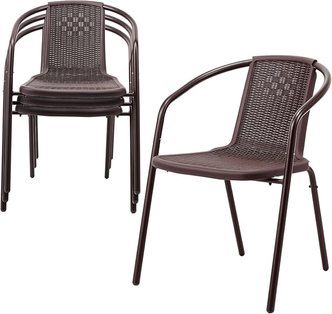 VINGLI Rattan Outdoor Dining Chairs Set of 4, Durable PE Plastic Stackable Patio Chairs with Comfortable Curved Back and Armrests for Indoor, Porch, Restaurant, Garden, Brown