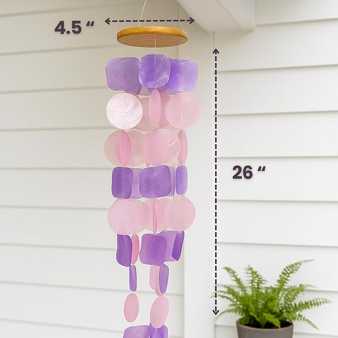 Solange & Frances Capiz Shell Wind Chimes for Outside - Elegant Outdoor Decor for Garden, Patio and Front Porch Decor. Unique Gifts for Mom, Gift for Women, Valentines Day Gifts (Purple & Pink)