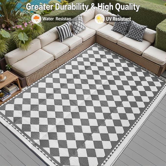 HUGEAR Outdoor Waterproof Rug 8'x10' Plastic Straw Rugs Washable Reversible Floor Mat Grey Plaid Carpet for Camping RV Deck Entryance Porch Picnic Balcony Beach Backyard