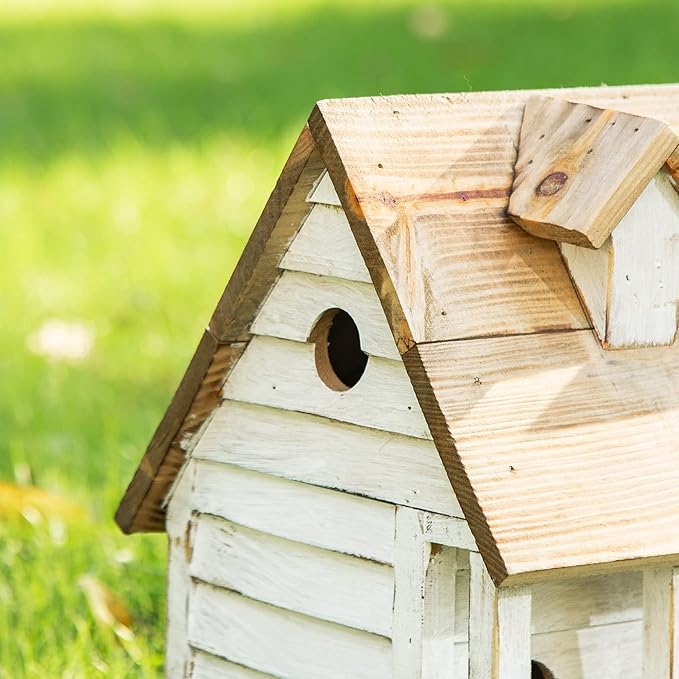 Glitzhome 14.25”L Wood Hanging Birdhouse for Outdoors Oversized Distressed Cottage Painted Bird House Rustic Bird House for Bluebird Wren Chickadee Sparrow Bird Nest Box for Garden Patio, Washed White