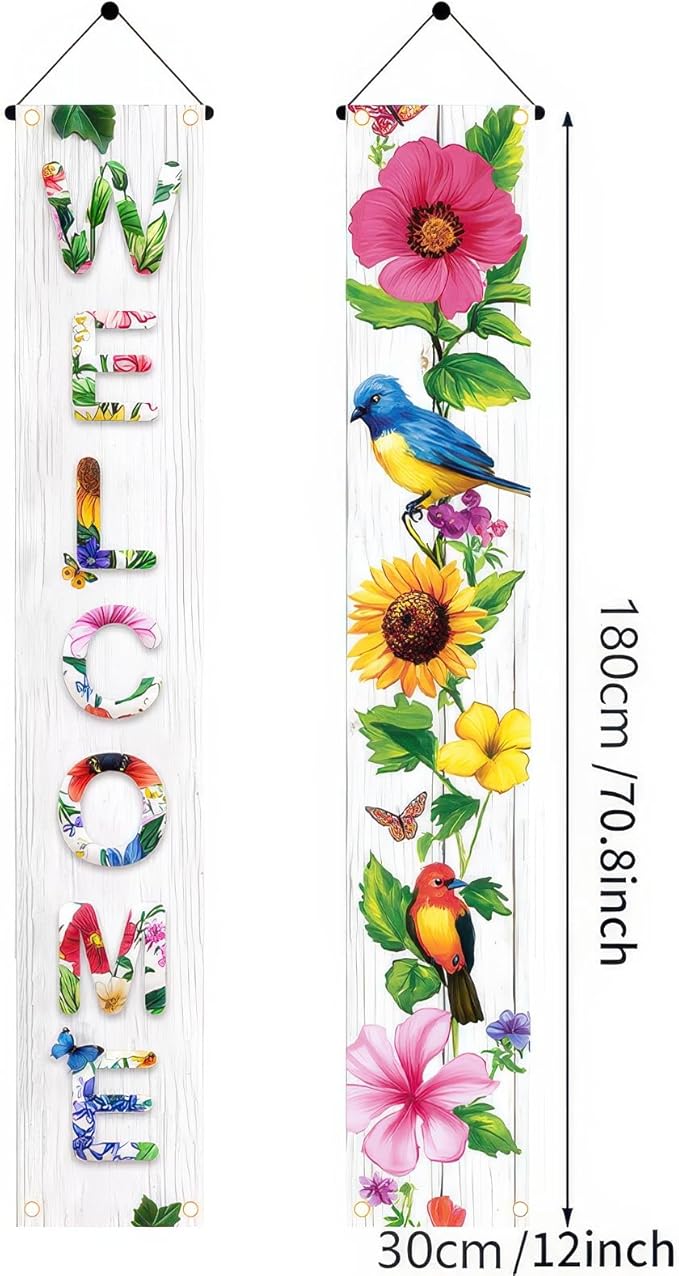 2 Pcs Welcome Floral Porch Banners Spring Bird Flower Hanging Flag Porch Sign for Front Door Outdoor Seasonal Holiday Wedding Yard Decor Farmhouse Indoor Outdoor Wall Backdrop Decorations