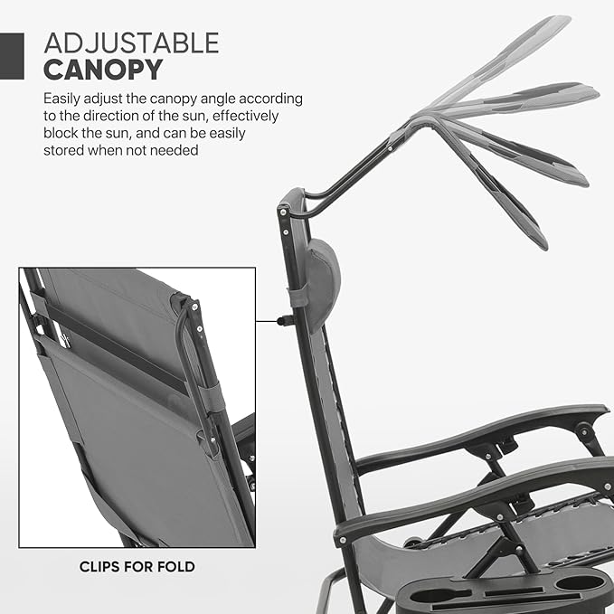 Magshion Zero Gravity Chair with Canopy Set of 2, Reclining Outdoor Patio Lounge Chair, Folding Anti Gravity Recliner, Portable Lounger with Removable Cup Holder Side Tray and Pillow Headrest (Grey)