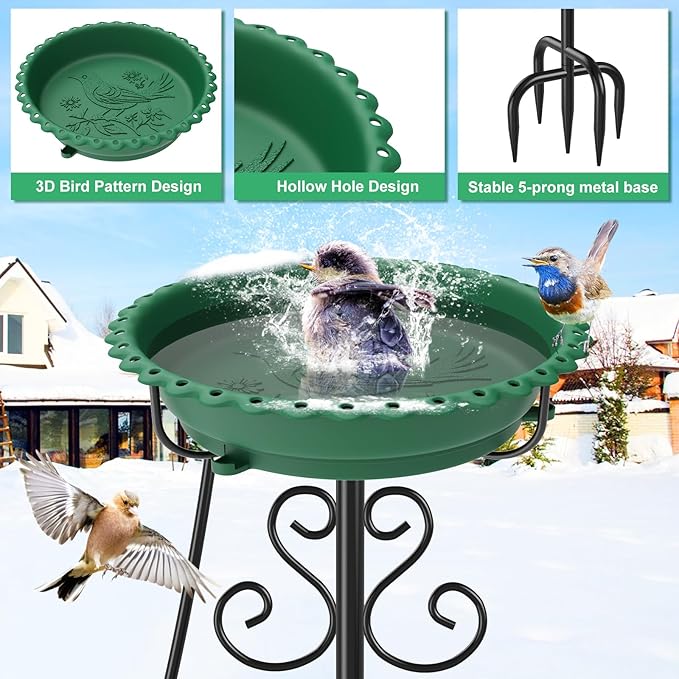 Heated Bird Baths for Outdoors,Upgraded 100W Thermostat Control Heated BirdBaths for Winter with Metal 5 Prong Base Heated Bird Bath for Outside Winter Garden Yard Patio Lawn (Green)