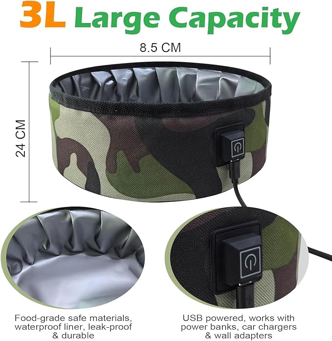 3L Heated Water Bowl for Pets -USB Powered, Foldable, Waterproof for Dogs, Cats, Squirrels, Rabbits, Chickens, and Bird - 3L Capacity – Winter Outdoor Use – Keeps Water from Freezing in Snowy Weather