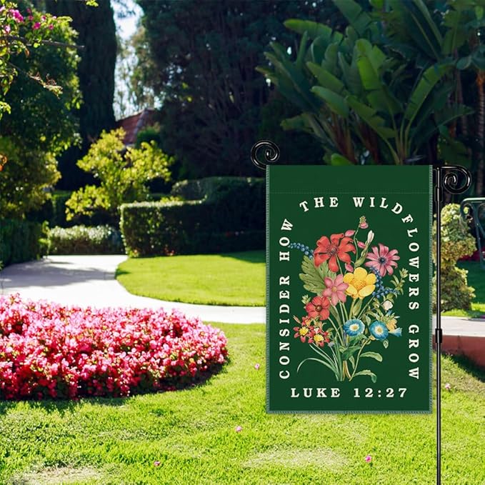 Consider How the Wildflowers Grow Garden Flag, Christian Garden Flag for Outside, Bible Verse Double Sided Farmhouse Lawn Yard Banner, Faith Religious Gifts for Gardener Plant Lovers Catholic