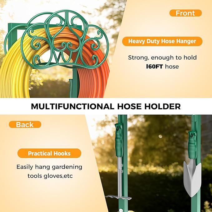 Garden Hose Holder with 2 Tool Hooks Heavy-Duty Freestanding Water Hose Holder Holds 160Ft Hoses, Rustproof Freestanding Hose Stand with 4 Spikes Hose Hanger Storage Reel Rack for Outside, Yard, Lawn