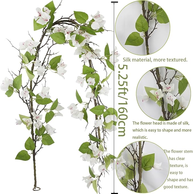Artificial Bougainvillea Flowers Garland White Silk Bougainvillea Vines UV Resistant Realistic Faux Hanging Flowers Plants for Outdoor Outside Summer Decoration Porch Patio Balcony Yard Wall