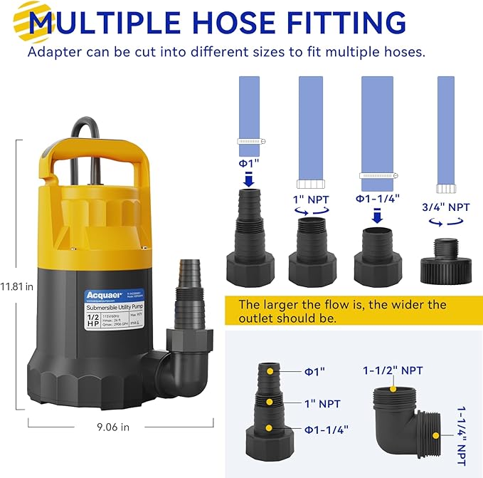 Acquaer Sump Pump Submersible Water Pump for Water Removal in Hot Tubs, Pools, Basements, and Garden Ponds, 1/2HP 2906GPH