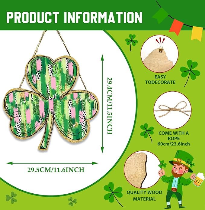 St Patricks Day Door Decorations, St Patricks Day Decorations, Shamrock Door Decoration, Lucky Gold Glitter Brushstroke Clover Wood Hanging Sign for Office Party Porch Yard Home Decor