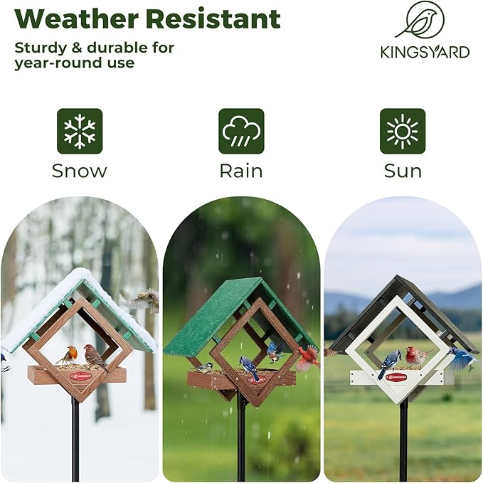 Kingsyard Large Platform Bird Feeder with Metal Mesh Tray, Pole Mount Adjustable Bird Feeders with Weather Protective Top, 4 lbs Seed Capacity, White