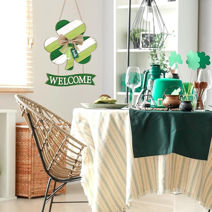 Wooden St Patricks Day Wreaths for Front Door Decoration Shamrock Door Sign with Bow Wall Signs Clover Spring Decoration, Irish Sign Welcome Hanging for Home Decor Party Outdoor Indoor Supply