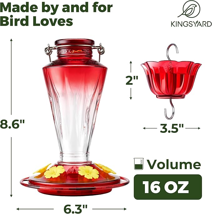 Kingsyard Glass Hummingbird Feeders for Outdoors Hanging Ant & Bee Proof, 16 Ounces Bird Nectar Feeder 6 Flower Feeding Ports, Leak Proof, Easy to Refill & Clean, Ant Moat Included, Red Gradient