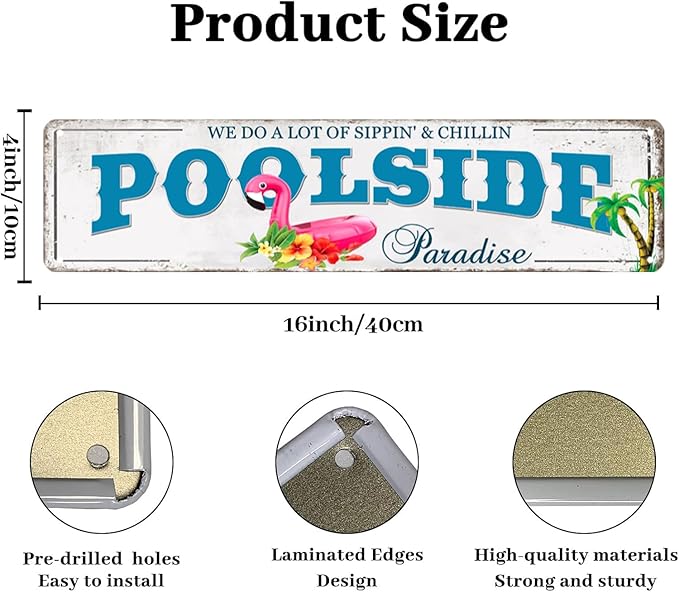 Outdoor Pool Decor Pool Sign Poolside Paradise Rustic Looking Tin Metal Signs Outdoor Patio Signs Outdoor Bar Decor Outdoor Patio Signs Backyard Outside Pool Deck Decorations 4x16Inches